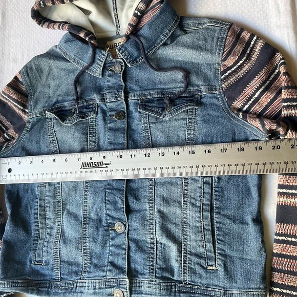 Wall Flower Kid’s Denim Jacket with Hoodie, size XL, Blue & Tan, Many Pockets - Picture 3 of 7